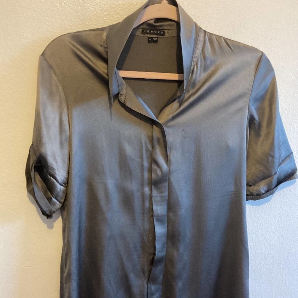 Theory Charcoal Pure Silk Short Sleeve Button Down Tunic Dress